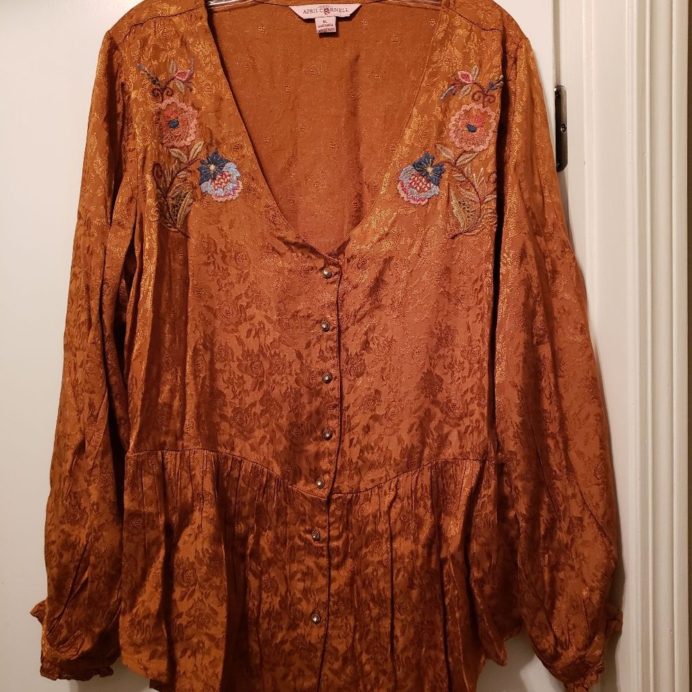 Gorgeous Rich Golden-Brown April Cornell XL Peplum Top w/embroidery
